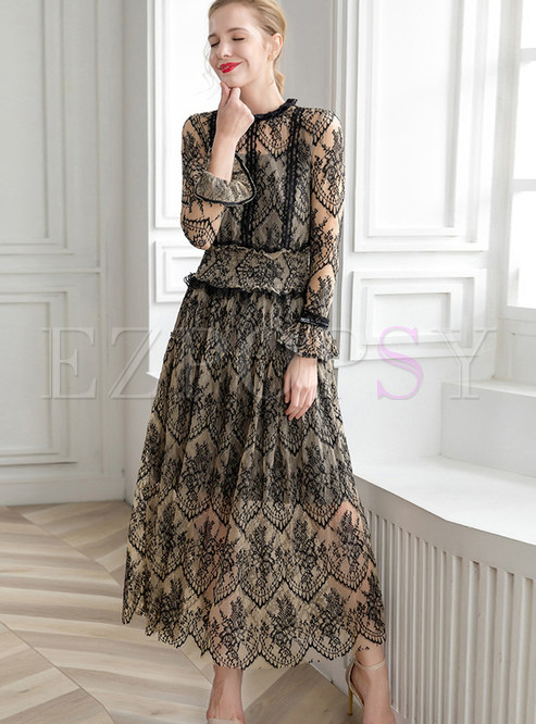 Dresses | Maxi Dresses | Long Sleeve Lace Patchwork Mesh Maxi Dress