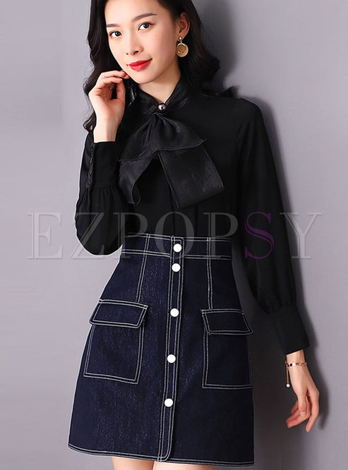 Elegant Pure Color Bowknot Single-breasted Blouse