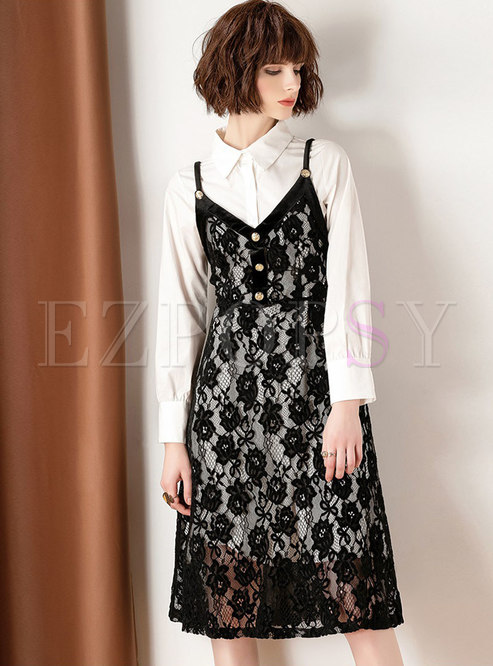 White Lapel Long Blouse & Black Lace Slim Dress