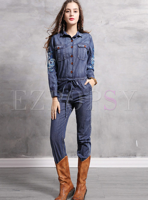Casual Lapel Embroidered Tie-Waist Jumpsuit