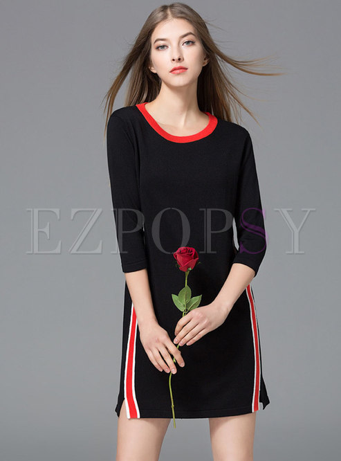 Stylish Color-blocked O-neck Side-slit Sheath Sweater Dress