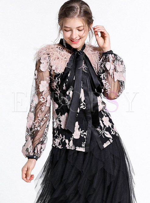 Elegant Further Splicing Embroidered Tie-collar See-through Blouse