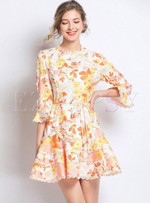 Trendy Print Flare Sleeve Tie-waist Falbala Mini Dress