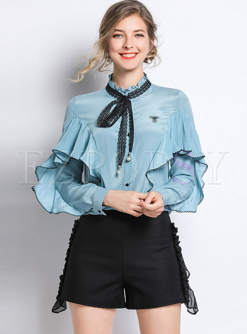 Tops | Blouses | Color-blocked Embroidered Ruffled Collar Single ...