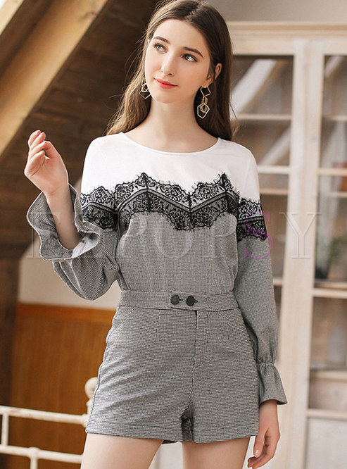 Chic Lace Splicing O-neck Flare Sleeve Slim Blouse