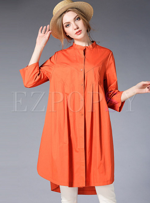 Casual Pure Color Stand Collar Asymmetric Loose Blouse