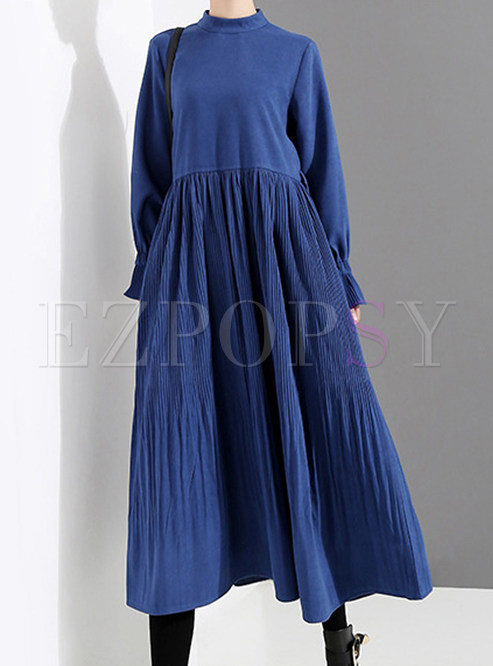 Brief Solid Color Standing Collar Waist Pleated Dress