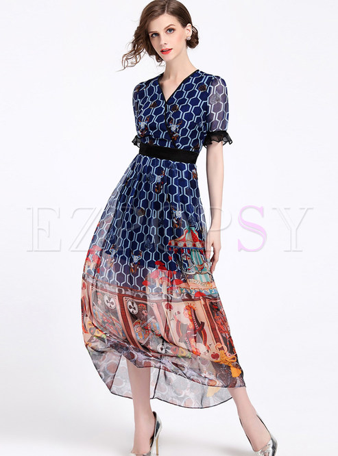 Dresses | Maxi Dresses | Fashion V-neck Short Sleeve Perspective Print ...