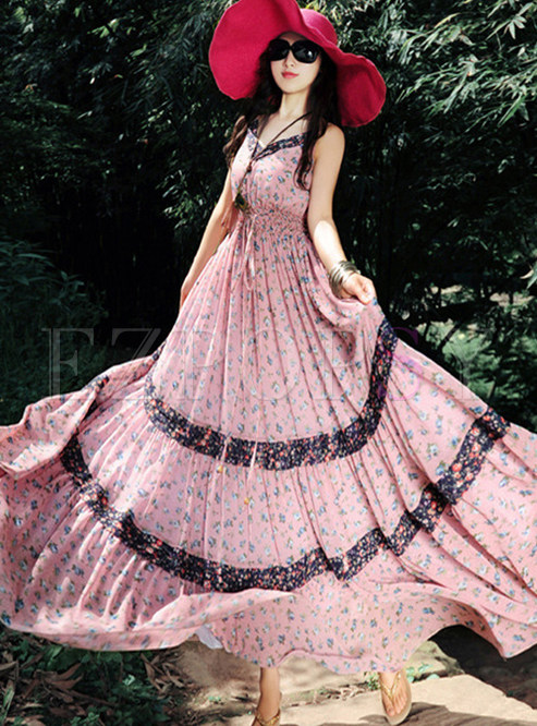 Bohemian Color-blocked Floral Big Hem Sling Dress