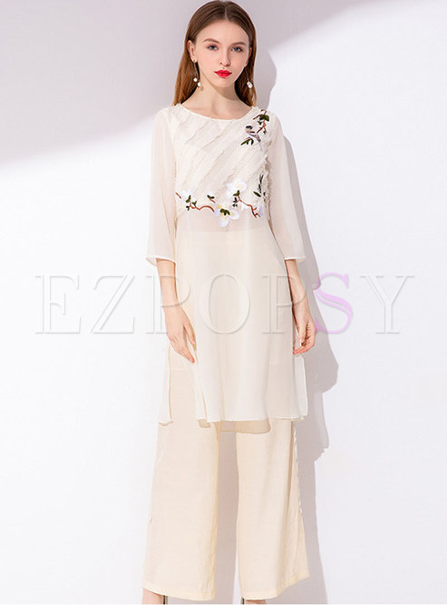 Chic O-neck Embroidered Slit Long Top & Wide Leg Pants