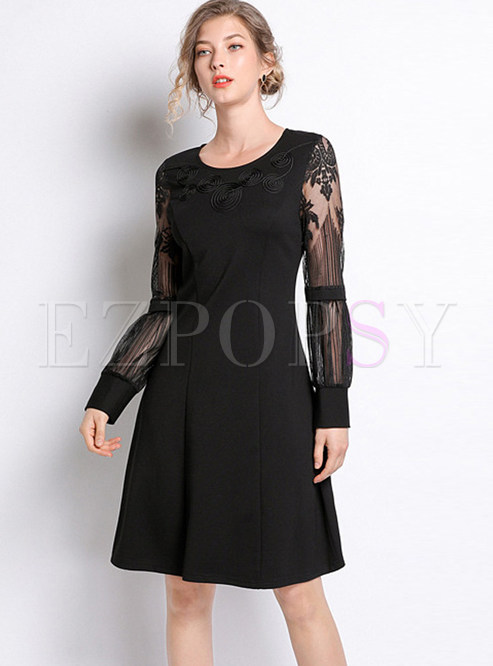Brief Pure Color O-neck Perspective Long Sleeve Skater Dress