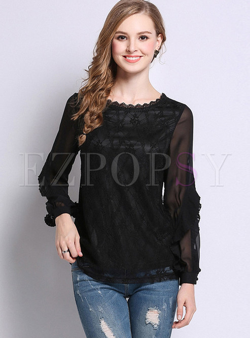 Plus Size Flare Long Sleeve Pullover Blouse