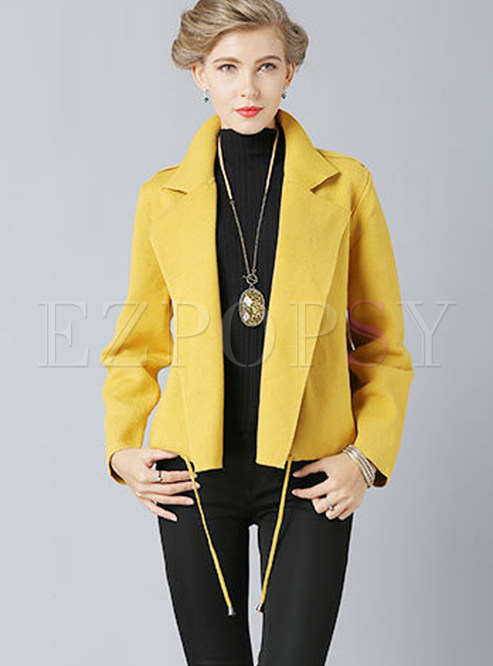 Fashion Notched Pure Color Tied Loose Short Coat