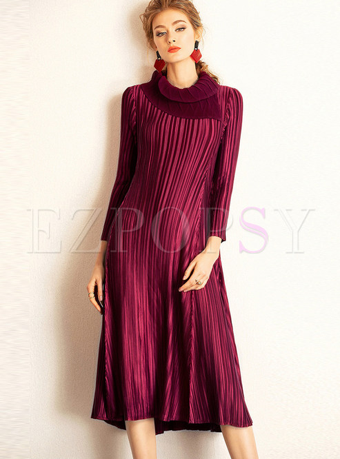 Solid Color Stylish Scarf Collar Waist Pleated Dress
