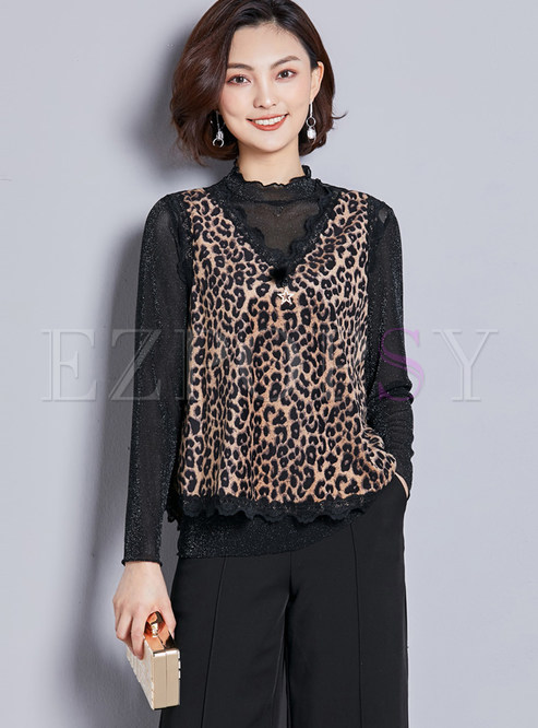 Stylish Standing Collar Leopard Splicing Mesh T-Shirt