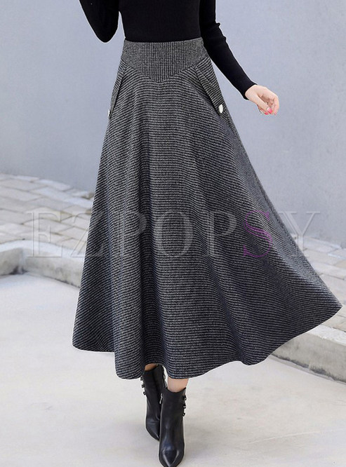 Stylish High Waist Houndstooth Big Hem Woolen Skirt