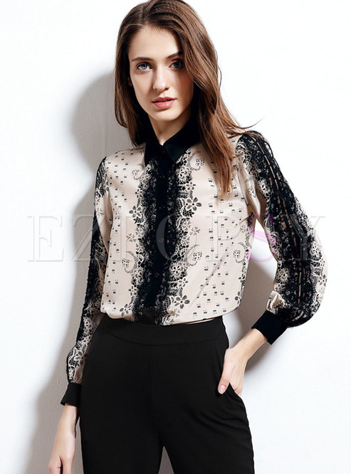 Chic Lace Splicing Print Lapel Single-breasted Blouse