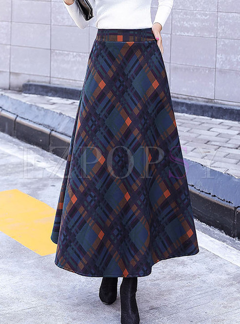 Color-blocked Plaid High Waist Woolen A Line Skirt