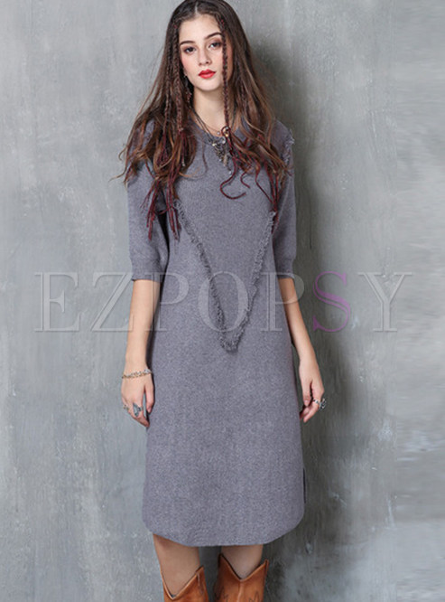 Brief O-neck Half Sleeve Slim Long Knitted Dress