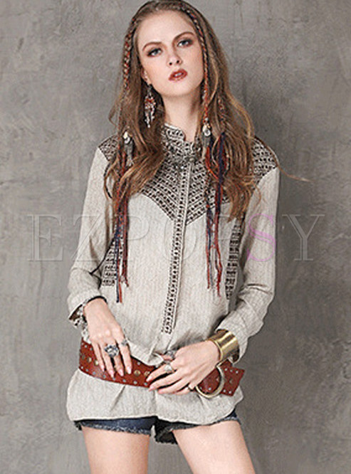Retro Embroidery Stand Collar Blouse