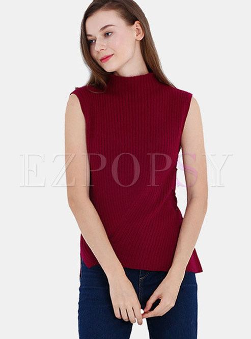 Chic Stand Collar Tie Sleeveless Asymmetric Sweater