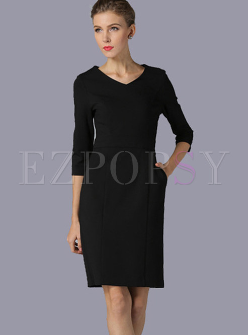 Brief Black V-neck High Waist Bodycon Dress