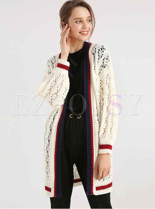 Casual Color-blocked Striped Hollow Out Sweater Coat