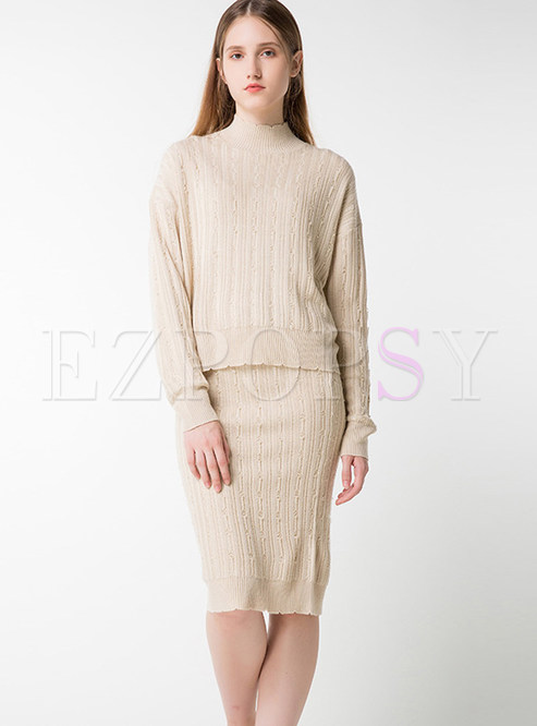 Solid Color Long Sleeve Pullover Knitted Two Piece Outfits