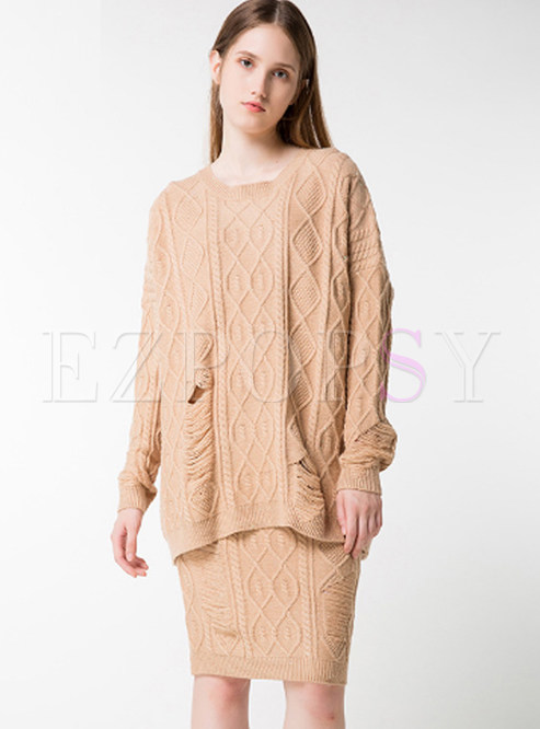 Style O-neck Pullover Holes Sweater & Knitted Slim Skirt