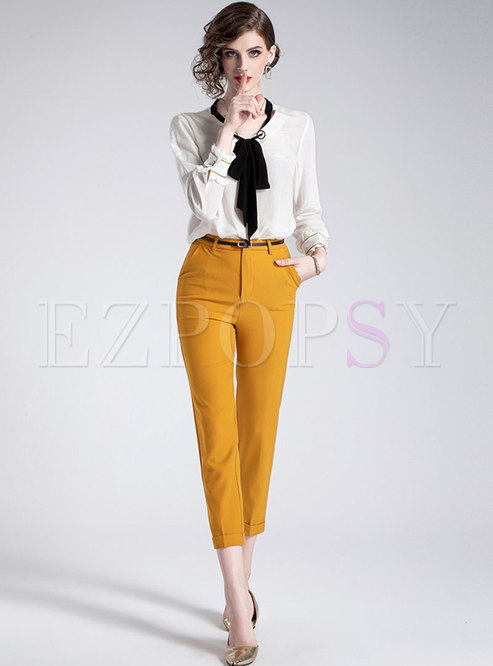 Color-blocked O-neck Bowknot Blouse & Belted Slim Pencil Pants