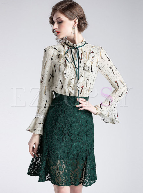 Print Flare Sleeve Falbala Blouse & High Waist Lace Skirt