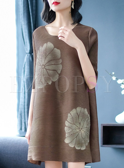 Plus Size O-neck Short Sleeve Print Beaded Dress