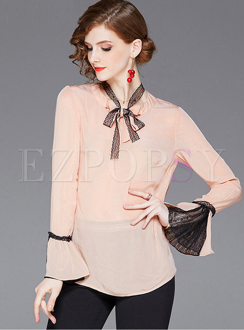 Tops | Blouses | Color-blocked Lace Bowknot Loose Chiffon Blouse