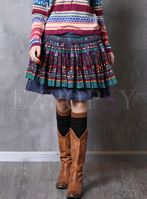Vintage Color-blocked Splicing Denim Mini Skirt