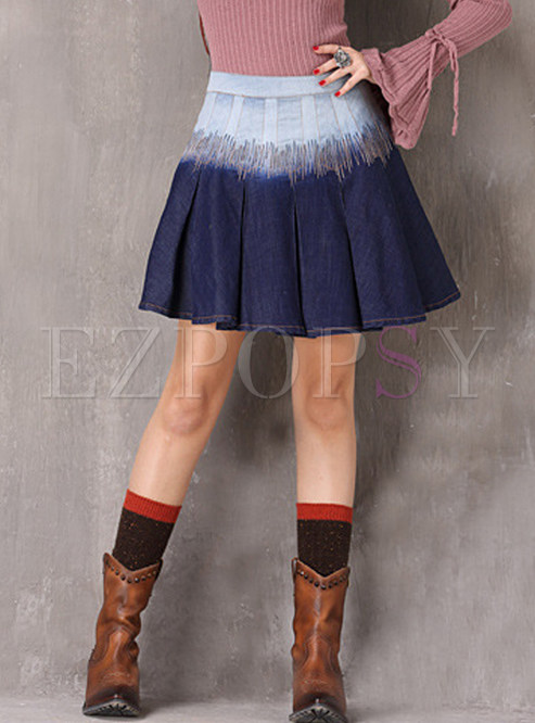 Color-blocked High Waist Pleated Denim Mini Skirt