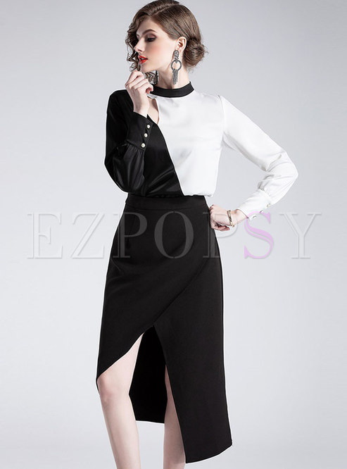 Color-blocked Hollow Out Pullover Blouse & Asymmetric Slit Skirt