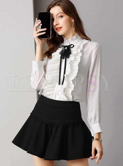 Tops | Blouses | White Standing Collar Tied Long Sleeve Blouse