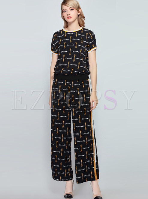 Casual O-neck Short Sleeve Print Pant Suits