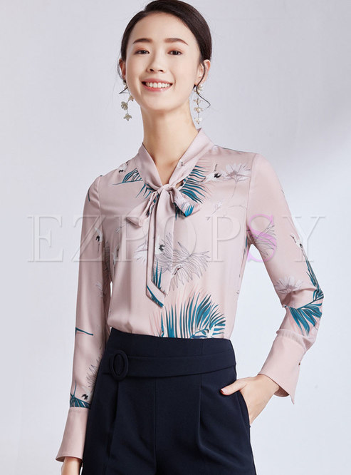 Chic Print Tie-collar Pullover Blouse