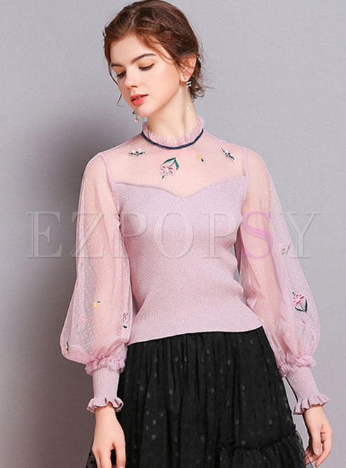 Mesh Splicing Ruffled Collar Embroidered Slim Knitted Sweater