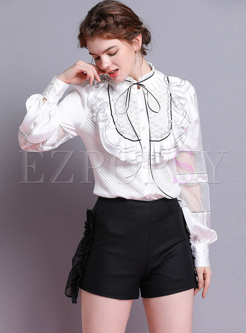Tops | Blouses | Chic Ruffled Collar Lantern Sleeve Single-breasted Blouse