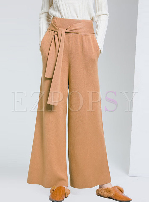 Chic Solid Color High Waist Tied Wide Leg Pants