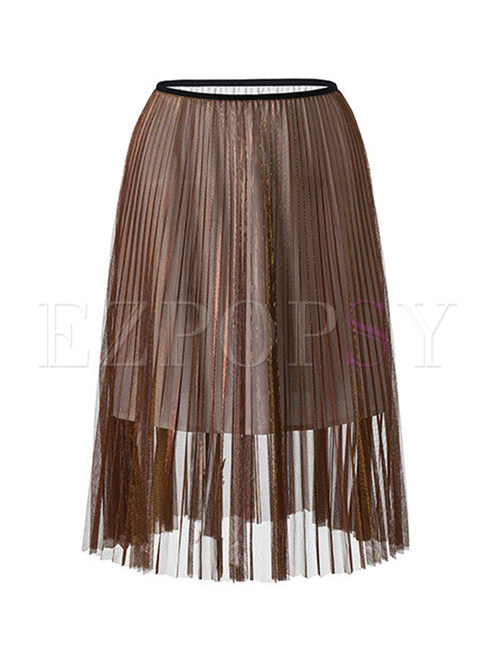 Stylish High Waist Mesh Splicing Pleated Skirt