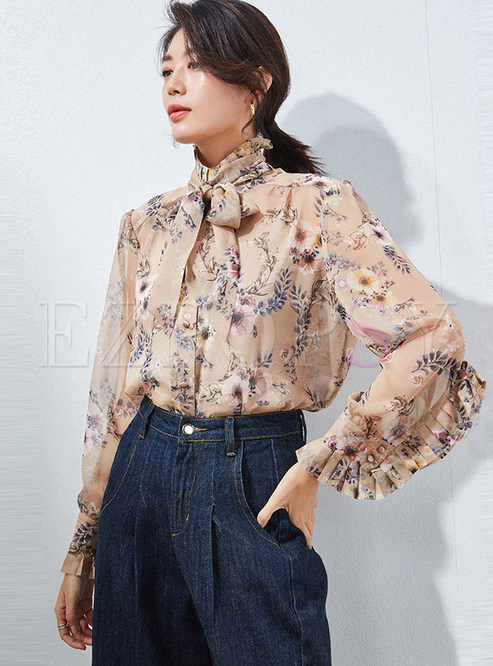 Standing Collar Bowknot Tied Long Sleeve Blouse