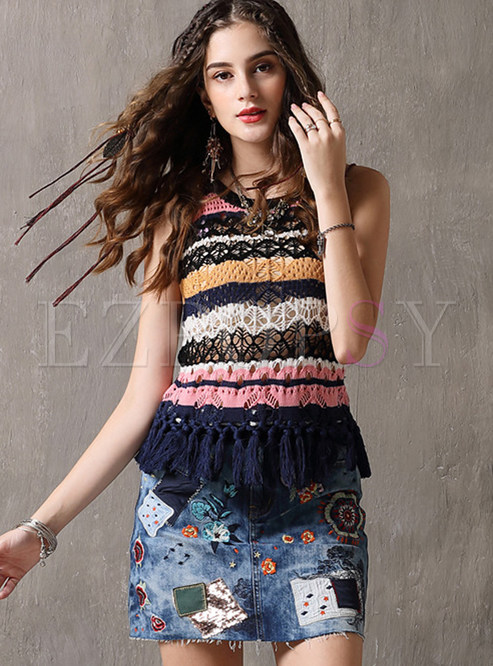 Color-blocked O-neck Sleeveless Tassel Knitted Camis