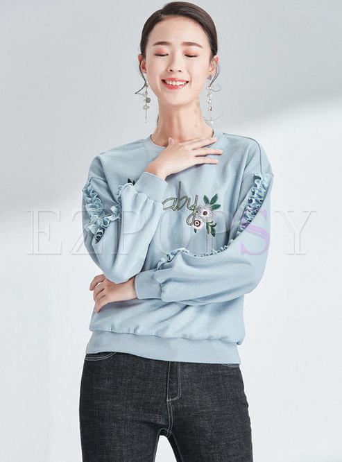 Casual O-neck Embroidered Loose Sweatshirt