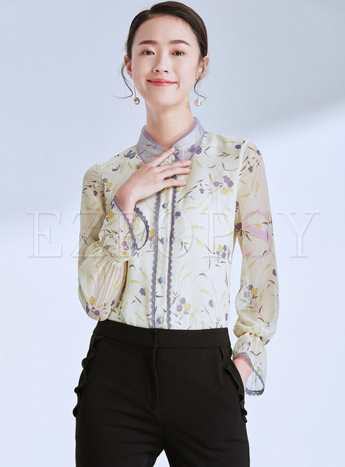 Chic Floral Lapel Flare Sleeve Single-breasted Blouse
