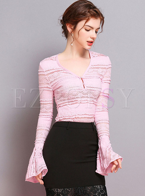 Pink V-neck Flare Sleeve See-though Lace Blouse