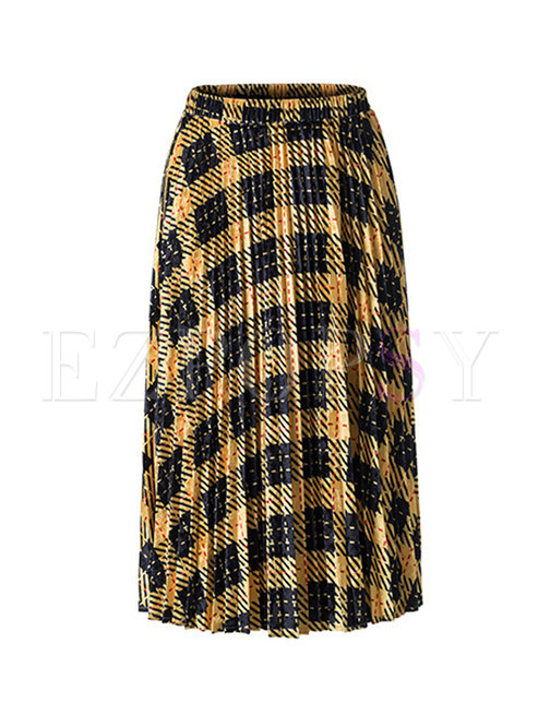 Stylish Color-blocked Plaid Gold Velvet Skirt