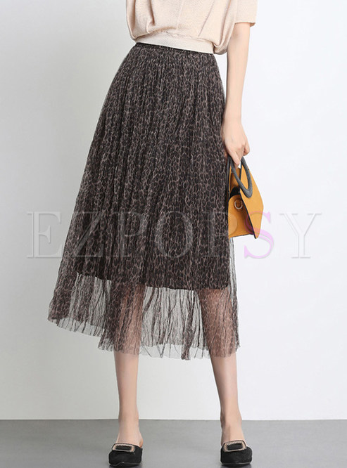 Fashion High Waist Mesh Leopard A Line Skirt